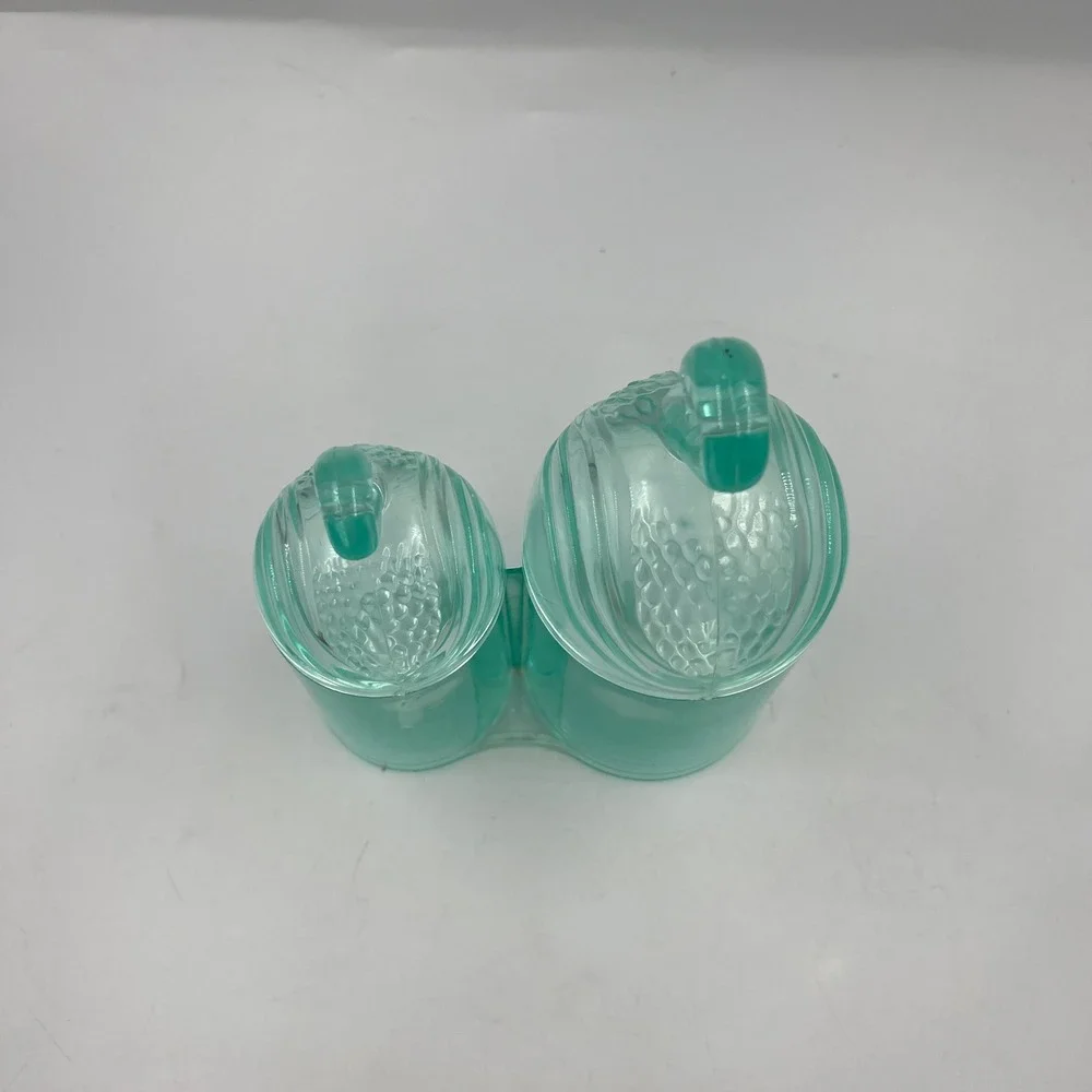 Vintage Aqua Plastic Double Vanity Canister Figural Swan Lids Retro Organizer